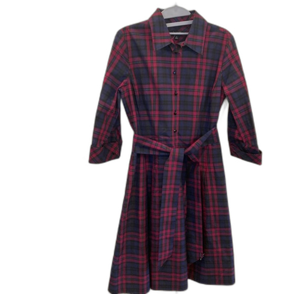 TALBOTS BURGUNDY PLAID SILK COTTON SHIRT DRESS FIT and FLARE 3/4 SLEEVES POCKETS - Picture 2 of 10